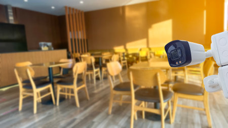 Security CCTV camera installed in coffee shop under the morning sun light soft and selective focusの写真素材