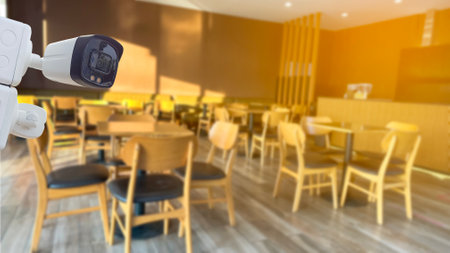 Security CCTV camera installed in coffee shop under the morning sun light soft and selective focusの写真素材
