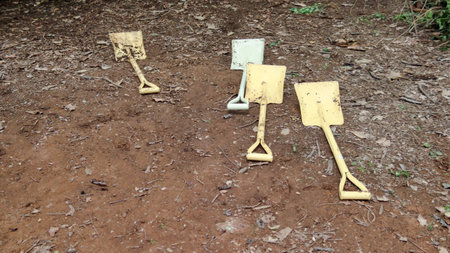 Pile of shovels on the ground which are used to make bio fertilizer to give plants and forests.の写真素材