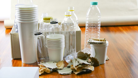 White paper coffee cup, used paper, plastic bottles and cardboard box on a brown surface, awaiting recycling. Promotes recycling waste, saving the Earth, and conserving natural resources.の写真素材