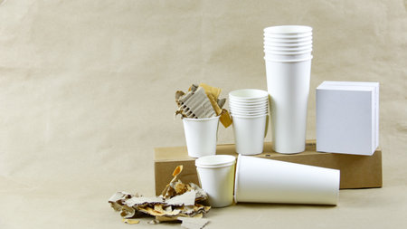 White paper coffee cup, used paper, and cardboard box on a brown surface, awaiting recycling. Promotes recycling waste, saving the Earth, and conserving natural resources.の写真素材