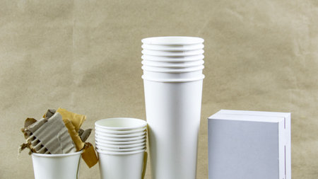 White paper coffee cup, used paper, and cardboard box on a brown surface, awaiting recycling. Promotes recycling waste, saving the Earth, and conserving natural resources.の写真素材