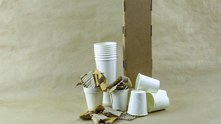 White paper coffee cup, used paper, and cardboard box on a brown surface, awaiting recycling. Promotes recycling waste, saving the Earth, and conserving natural resources.の写真素材