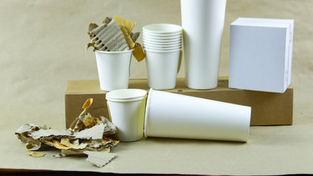 White paper coffee cup, used paper, and cardboard box on a brown surface, awaiting recycling. Promotes recycling waste, saving the Earth, and conserving natural resources.の写真素材