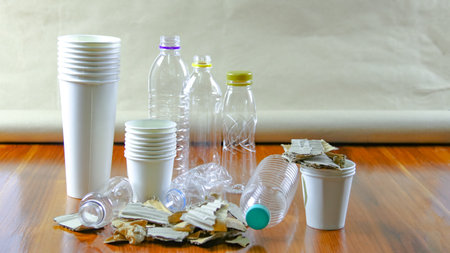 White paper coffee cup, used paper, and cardboard box on a brown surface, awaiting recycling. Promotes recycling waste, saving the Earth, and conserving natural resources.の写真素材