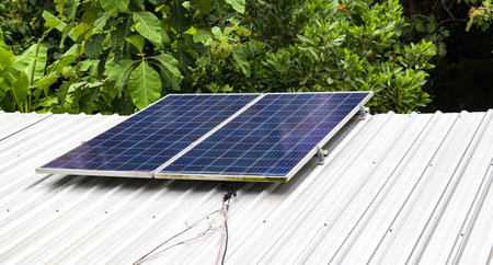 Solar cell panels installed on a metal sheet roof, emphasizing the concept of sustainable energy use...