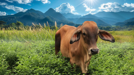 Close up image of cow set against grass field and mountains background, showcasing every detail and contour of the animal for seamless integration into various designs.の写真素材