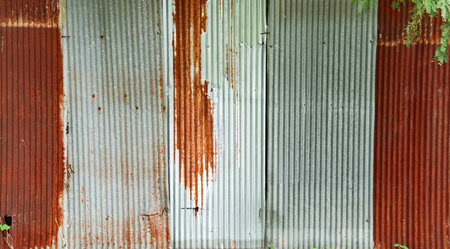 An image of corrugated zinc with rust patches, displaying the textured surface and weathered appearance, perfect for backgrounds, industrial themes, or vintage design projects.の写真素材