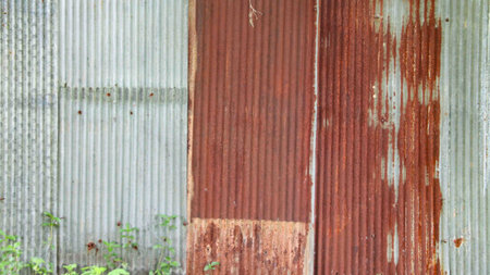 An image of corrugated zinc with rust patches, displaying the textured surface and weathered appearance, perfect for backgrounds, industrial themes, or vintage design projects.の写真素材