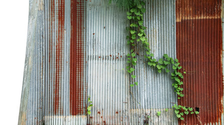 An image of corrugated zinc with rust patches, displaying the textured surface and weathered appearance, perfect for backgrounds, industrial themes, or vintage design projects.の写真素材