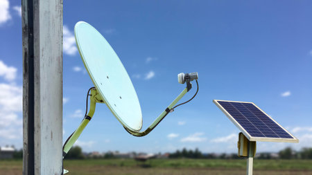An image of an old satellite dish mounted on a pole, paired with a solar panel to obtain energy, enabling communication and news reception in remote areas.の写真素材
