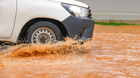 Floodwater splashing violently caused by a vehicle which are driven through, capturing the raw intensity of the natural disaster.の写真素材