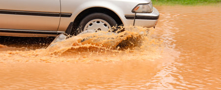 Floodwater splashing violently caused by a vehicle which are driven through, capturing the raw intensity of the natural disaster.の写真素材