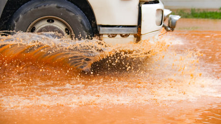 Floodwater splashing violently caused by a vehicle which are driven through, capturing the raw intensity of the natural disaster.の写真素材