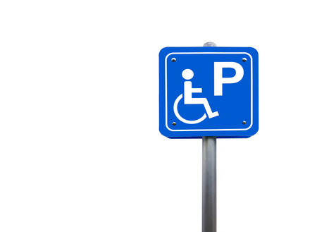 Blue parking sign with the disabled parking symbol, featuring precise clipping paths, set against a white background, ready for use in various design and signage projects.の写真素材