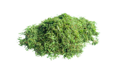 Cut out grass clippings from a lawnmower, set against a white background, with clipping paths to capture the texture and fragments for seamless integration into design projects.の写真素材
