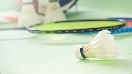 White badminton shuttlecocks and badminton rackets on green backgroundの写真素材