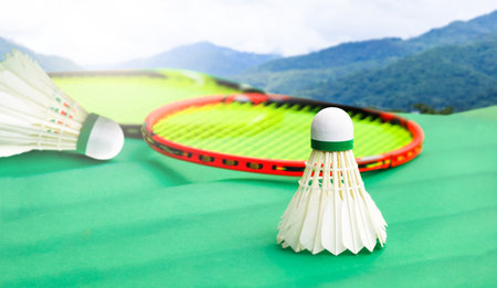 White badminton shuttlecocks and badminton rackets on green backgroundの写真素材