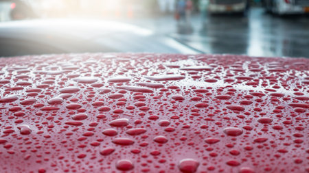 Raindrops delicately resting on the surface of a red car roof during the rainy season, reflecting the soft light and creating a serene, fresh atmosphere.の写真素材