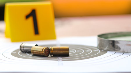 Empty bullet casings on a shooting target background, with blur black number 1 on yellow label and magnifying glass placed nearby, blending the themes of crime investigation.の写真素材