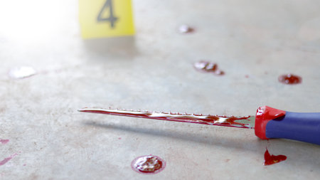 A bloodstained stainless steel handsaw lying on a concrete floor, with a blurred yellow marker number 4 and scattered blood drops, symbolizing a violent crime scene under investigation.の写真素材