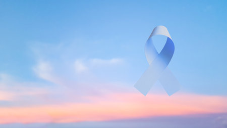 à¸ºBlue ribbon, symbolizing prostrate cancer awareness. Ribbon represents hope and unity, raising awareness and support for those affected by cancer, fostering understanding and prevention.の写真素材