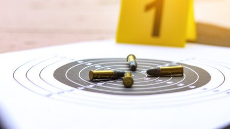 Various types of bullets displayed on shooting target with blur number 1, symbolizing the theme of...