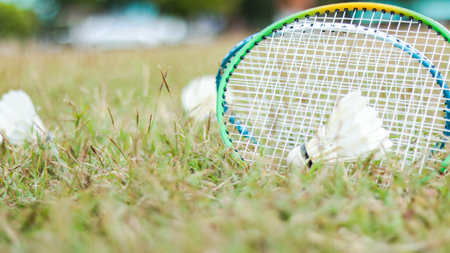 A badminton racket and shuttlecock resting on a grassy field, symbolizing the joy of outdoor sports, healthy living, and the importance of recreational activities to build fitness and bonds.の写真素材