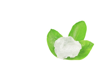 Pieces of alum stone on green leaf against white background. This image emphasizes the connection between natural minerals and plant based ingredients in traditional practices and holistic wellness.の写真素材