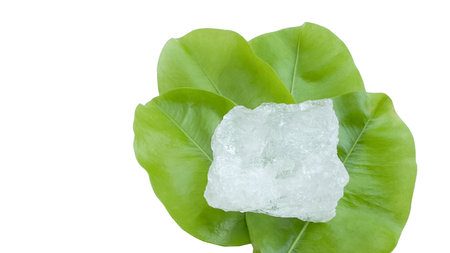 Crystal clear alum cubes or Potassium alum in on green leaves chemical compound substance concept for beauty spa and underarm treatment industrialの写真素材
