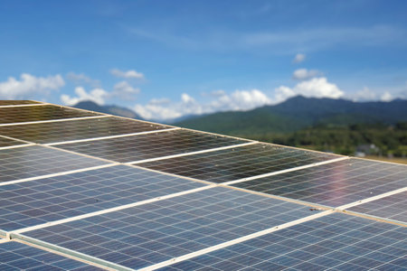 Solar panels mounted on a rooftop. Represents the importance of maintenance for sustainable and efficient renewable energy usage.の写真素材