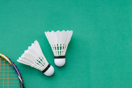 Shuttlecock and racket arranged on a green background. Concept: Freshness, vitality, and movement in...