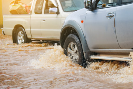 Dynamic shot capturing the struggle and movement through floodwaters, symbolizing resilience.