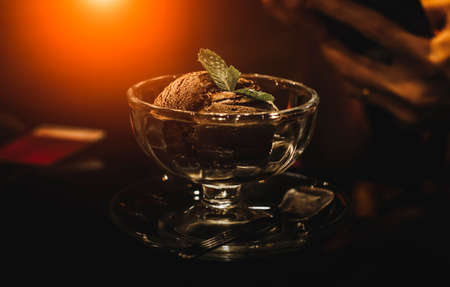 Scoops chocolate ice cream  with mint leaves in a bowl on black background.の写真素材