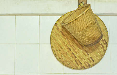 Kitchenware from Bamboo for cooking on the white wallの写真素材