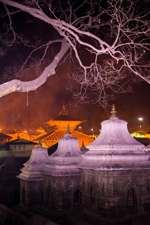 Hindu temple Pashupatinath at night light, Votive temples and shrines in a row at Pashupatinath Temple Kathmandu Nepal.の写真素材