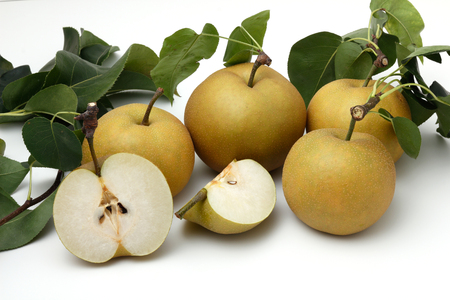 Pears-Japan Pears isolated on white background. Pears an ancient fruit and bearing yellow juicy fruit in summer is delicious fresh.の写真素材