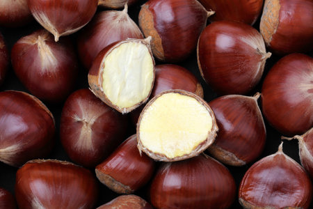 chestnuts on a black background, close-up, top viewの写真素材