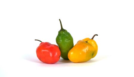 colorful hot chilli pepper on white background - raw food ingredient conceptの写真素材