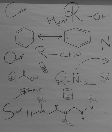 Black and white collage of chemistry structuresの写真素材