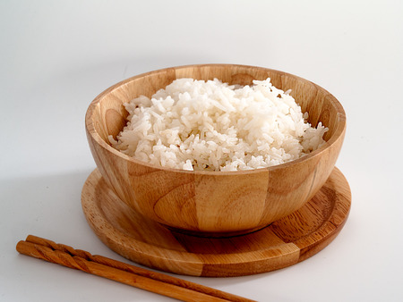 Steamed rice in wooden bowlsの写真素材