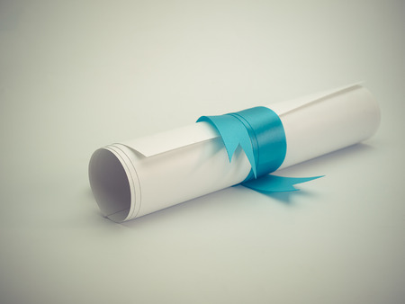 Diploma tied with a blue ribbon ,Put on a white background.
