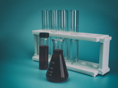 science laboratory test tubes , Blue background.(Analog Efex)の写真素材
