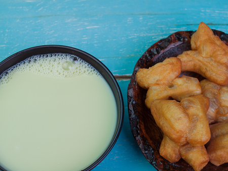 Close up Soy milk , Placed on a wooden table green.の写真素材