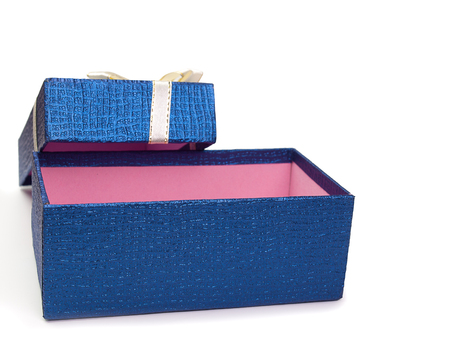 Blue gift box with  ribbon bow,  On a white background.
