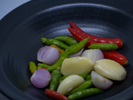 Garlic, chili, onion, Fresh Ingredients for Cooking Southeast Asian.の写真素材