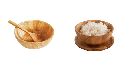 Wooden bowl ,The wooden bowl is filled with rice.の写真素材