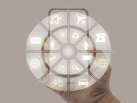 phone internet call technology , Web connection people , handset icon on touch screen in global network.の写真素材