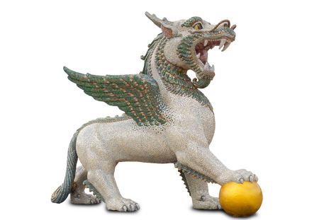 stone statue of a horse dragon on a white background.の写真素材