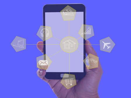 mobile phone and dots online communication network. (Technology concept)